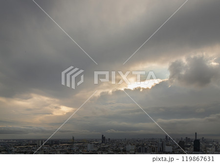 Aerial view of skyscrapers and dramatic sky before sunset. Aerial view of skyscrapers and dramatic sky before sunset. 119867631
