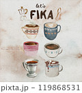 水彩で描かれたコーヒーカップとFIKAの文字 119868531