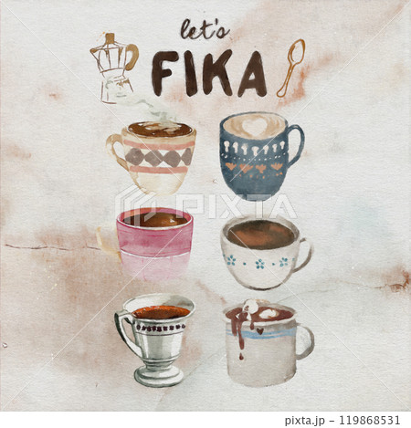 水彩で描かれたコーヒーカップとFIKAの文字 水彩で描かれたコーヒーカップとFIKAの文字 119868531