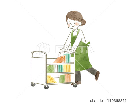 ブックトラックで本を運搬しているエプロンを着用した女性-水彩 ブックトラックで本を運搬しているエプロンを着用した女性-水彩 119868851