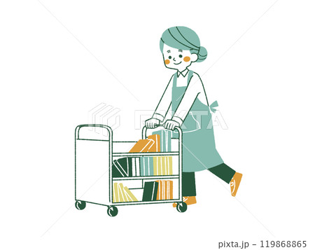 ブックトラックで本を運搬しているエプロンを着用した女性-4色 119868865