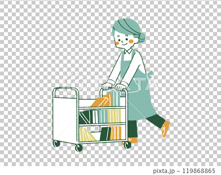 一位穿著圍裙的女士在運書車上運送書籍 - 4 種顏色 119868865