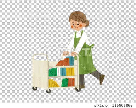 一名穿著圍裙的女士在運書車上運送書籍 - Gash 119868868