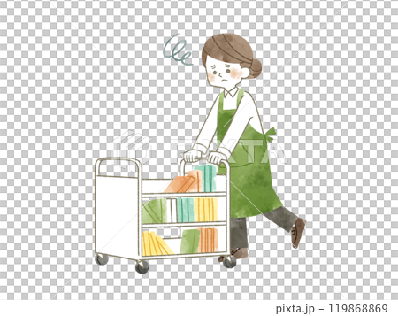 一位穿著圍裙的女士在運書車上運送書籍，表情困擾 — 水彩 119868869