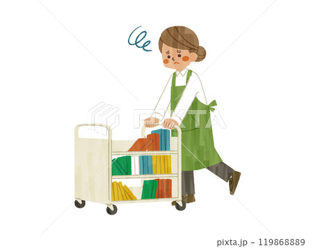 困った表情でブックトラックで本を運搬しているエプロンを着用した女性-ガッシュ 119868889