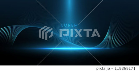 Elegant scene light blue glowing wave lines with lighting effect sparkle on blue background. Elegant scene light blue glowing wave lines with lighting effect sparkle on blue background. 119869171