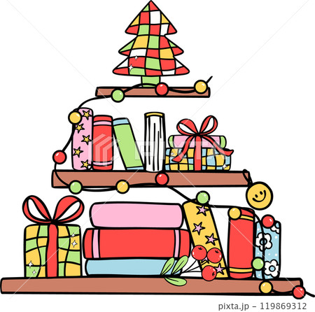 Christmas Reading book shelf tree hand drawn doodle 119869312