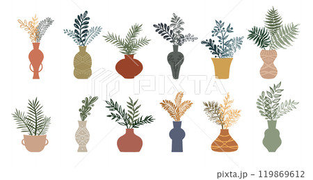 Home decor with plants, hand drawn illustration.	 119869612