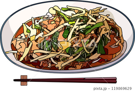 料理野菜炒め、アニメ風のイラスト、背景透明 119869629