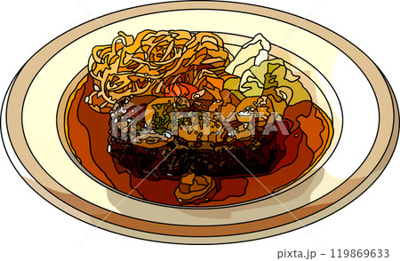 料理ステーキ、アニメ風のイラスト、背景透明 料理ステーキ、アニメ風のイラスト、背景透明 119869633