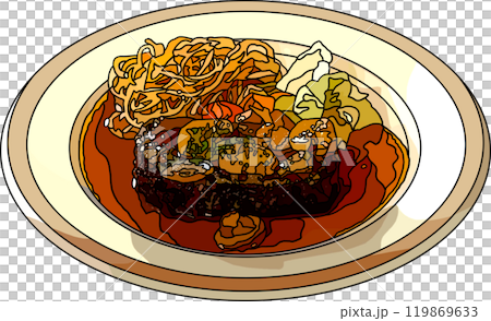 料理ステーキ、アニメ風のイラスト、背景透明 料理ステーキ、アニメ風のイラスト、背景透明 119869633