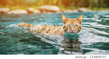 Cute Cat floating on the river 119869733