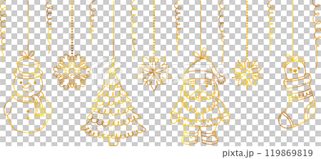 Golden Christmas garland with doodle style toys. 119869819