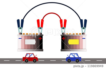 two car batteries connected with jumper cables for a jump-start, showing a step-by-step setup for reviving a dead car battery, automotive guides, emergency preparation, roadside emergency situation 119869949