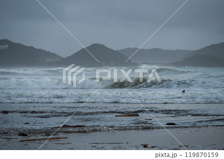 砂浜に打ち寄せる高波 119870159