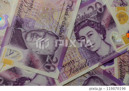 20 pound sterling bank notes closeup view business background 20 pound sterling bank notes closeup view business background 119870196