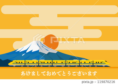 富士山とおもちゃ風923形ドクターイエローのお正月和風背景イラスト 119870216