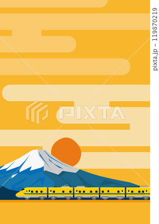 富士山とおもちゃ風923形ドクターイエローの和風背景 縦 富士山とおもちゃ風923形ドクターイエローの和風背景 縦 119870219