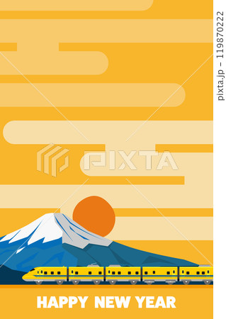 HAPPY NEW YEARの文字とおもちゃ風923形ドクターイエローの和風背景 縦 119870222