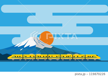 富士山とおもちゃ風923形ドクターイエローの和風背景 青 富士山とおもちゃ風923形ドクターイエローの和風背景 青 119870226