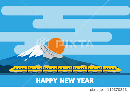 HAPPY NEW YEARの文字とおもちゃ風923形ドクターイエローの和風背景 青 HAPPY NEW YEARの文字とおもちゃ風923形ドクターイエローの和風背景 青 119870228