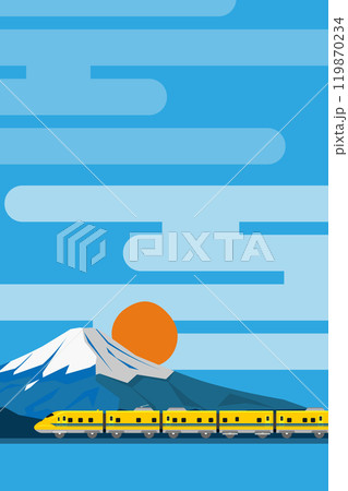 富士山とおもちゃ風923形ドクターイエローの和風背景 青 縦 富士山とおもちゃ風923形ドクターイエローの和風背景 青 縦 119870234