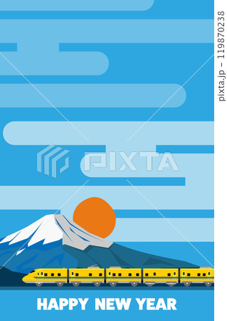 HAPPY NEW YEARの文字と富士山とおもちゃ風923形ドクターイエローの和風背景 HAPPY NEW YEARの文字と富士山とおもちゃ風923形ドクターイエローの和風背景 119870238