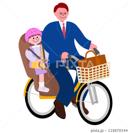 スーツを着た父親が自転車に幼稚園生の娘を乗せて運転するイラスト スーツを着た父親が自転車に幼稚園生の娘を乗せて運転するイラスト 119870544