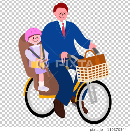 スーツを着た父親が自転車に幼稚園生の娘を乗せて運転するイラスト スーツを着た父親が自転車に幼稚園生の娘を乗せて運転するイラスト 119870544