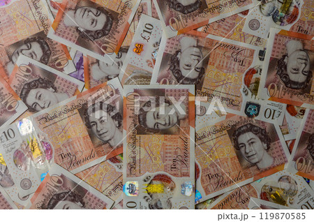 British Currency - ten pound banknotes in a spreading fan format. 119870585