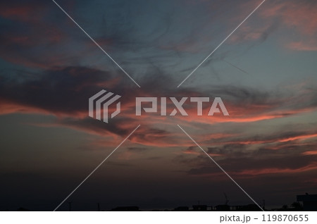 Beautiful vacation picture with blue sky, orange sunset and blue mediterranean sea Beautiful vacation picture with blue sky, orange sunset and blue mediterranean sea 119870655