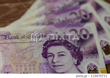 Closeup of 20 Pound sterling banknote Closeup of 20 Pound sterling banknote 119870731