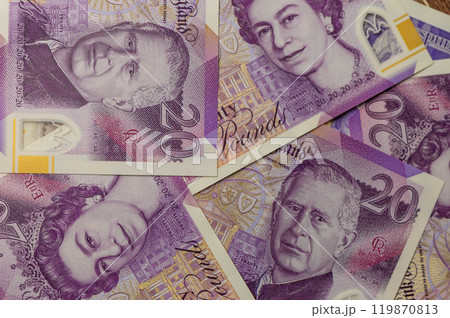 British Currency - 20 pound banknotes in a spreading 1 British Currency - 20 pound banknotes in a spreading 1 119870813