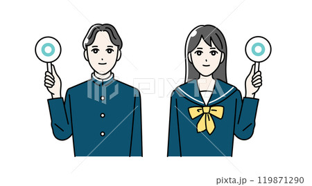 まるばつ札をあげる高校生の男女のイラスト まるばつ札をあげる高校生の男女のイラスト 119871290