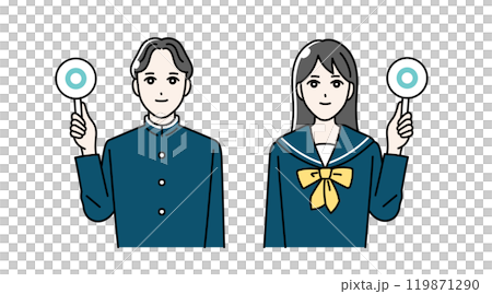 まるばつ札をあげる高校生の男女のイラスト まるばつ札をあげる高校生の男女のイラスト 119871290