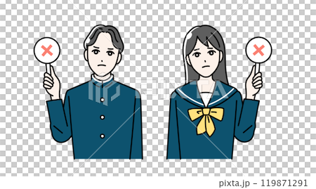 Illustration of male and female high school students giving a round or cross card Illustration of male and female high school students giving a round or cross card 119871291
