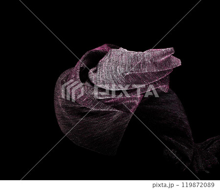 Purple Silver lace fabric flying in curve shape, Piece of textile purple silver lace fabric throw fall in air. Black background isolated, dark shading environment Purple Silver lace fabric flying in curve shape, Piece of textile purple silver lace fabric throw fall in air. Black background isolated, dark shading environment 119872089