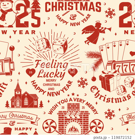 Merry Christmas and Happy New Year seamless pattern with snowflakes, hanging christmas ball, casino dice, fireplace, poker playing card, slot machines, sweet candy cane. Vector. Christmas background. 119872152