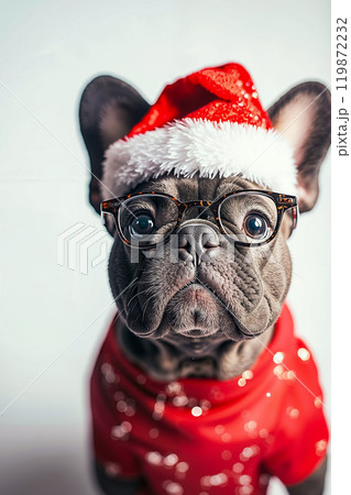 A dog wearing a santa hat and glasses A dog wearing a santa hat and glasses 119872232