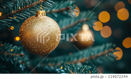A close up of a gold ornament on a Christmas tree A close up of a gold ornament on a Christmas tree 119872244