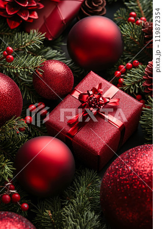A bunch of red christmas ornaments and presents on a black background 119872354