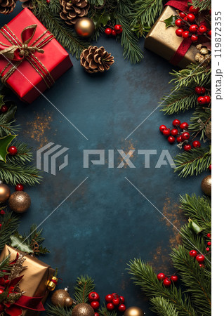 Christmas background with presents and decorations on a blue background 119872355