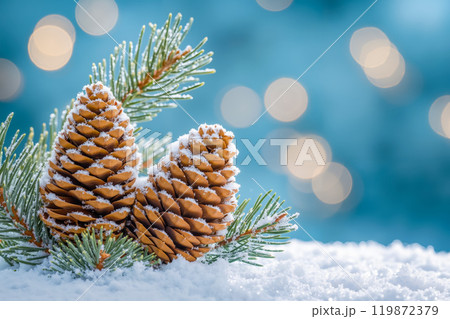 A pine cone sitting on top of a snow covered pine tree branch 119872379
