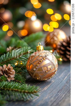 A close up of a christmas ornament on a wooden table 119872386