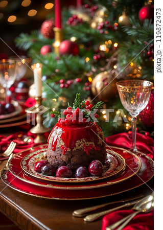 A christmas dessert on a red plate on a table with a christmas tree in the background 119872473