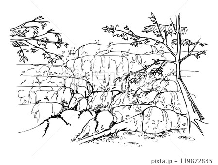 Waterfall on rock boulders with trees, flowing water stream, drops pond, stone wall. Hand drawn ink vector illustration, isolated scenic landscape. Design travel, vacation, brochure, nature tours 119872835