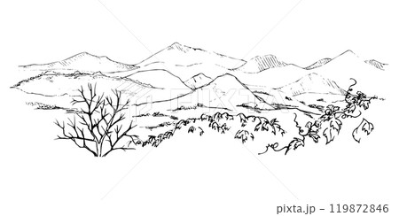 Scenery landscape of mountains, ivy grapes plant leaves trees, pasture land alpine vista hand drawn in ink, isolated on white. Illustration for tourism, resort ads, hiking camping sites, vacation. 119872846