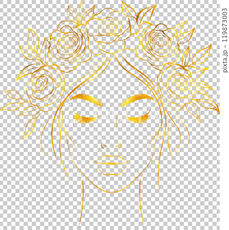 Portrait of a young woman with a floral wreath on her head with golden foil effect. 119873003