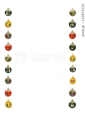 Christmas tree vintage decorative ball with nativity scene vertical frame isolated on white in watercolor. Illustration for posters, cards, stickers, posters, advent calendar, banner, New Year Christmas tree vintage decorative ball with nativity scene vertical frame isolated on white in watercolor. Illustration for posters, cards, stickers, posters, advent calendar, banner, New Year 119873224