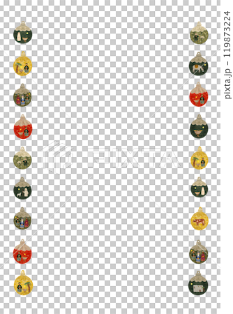 Christmas tree vintage decorative ball with nativity scene vertical frame isolated on white in watercolor. Illustration for posters, cards, stickers, posters, advent calendar, banner, New Year 119873224